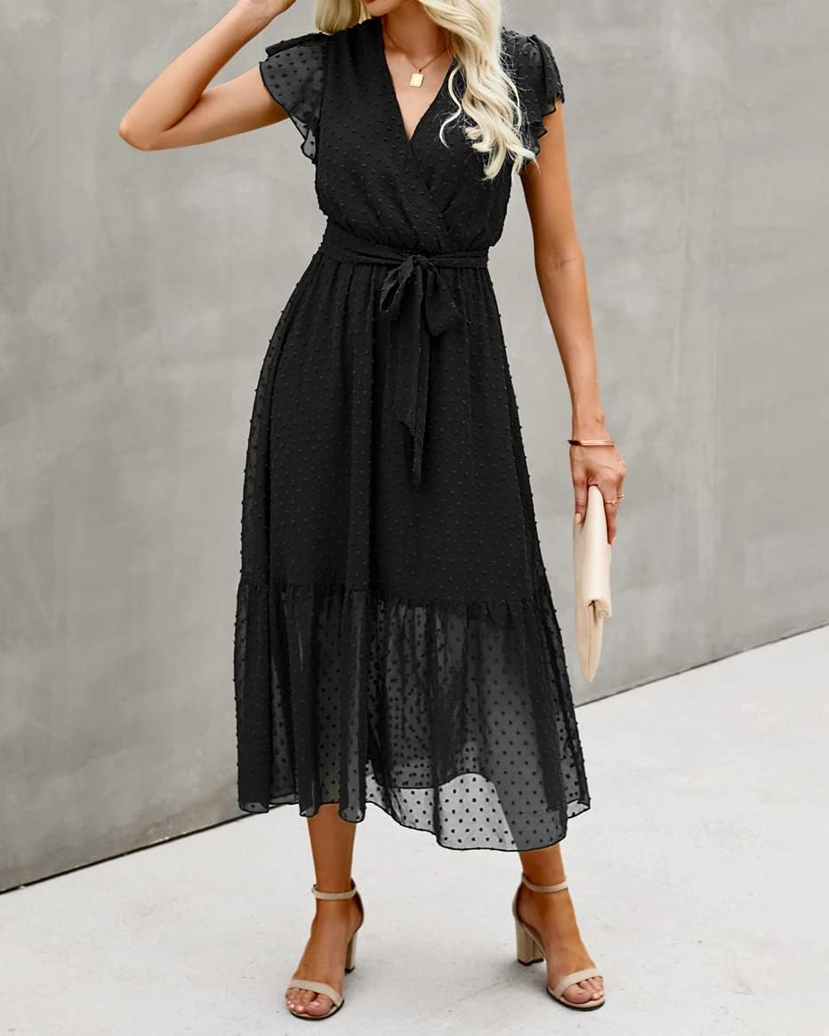 BTFBM Women Summer Bohemian Floral Casual Wrap V Neck Ruffle Cap Sleeveless Belt A-Line Pleated Hem Midi Sun Dress White