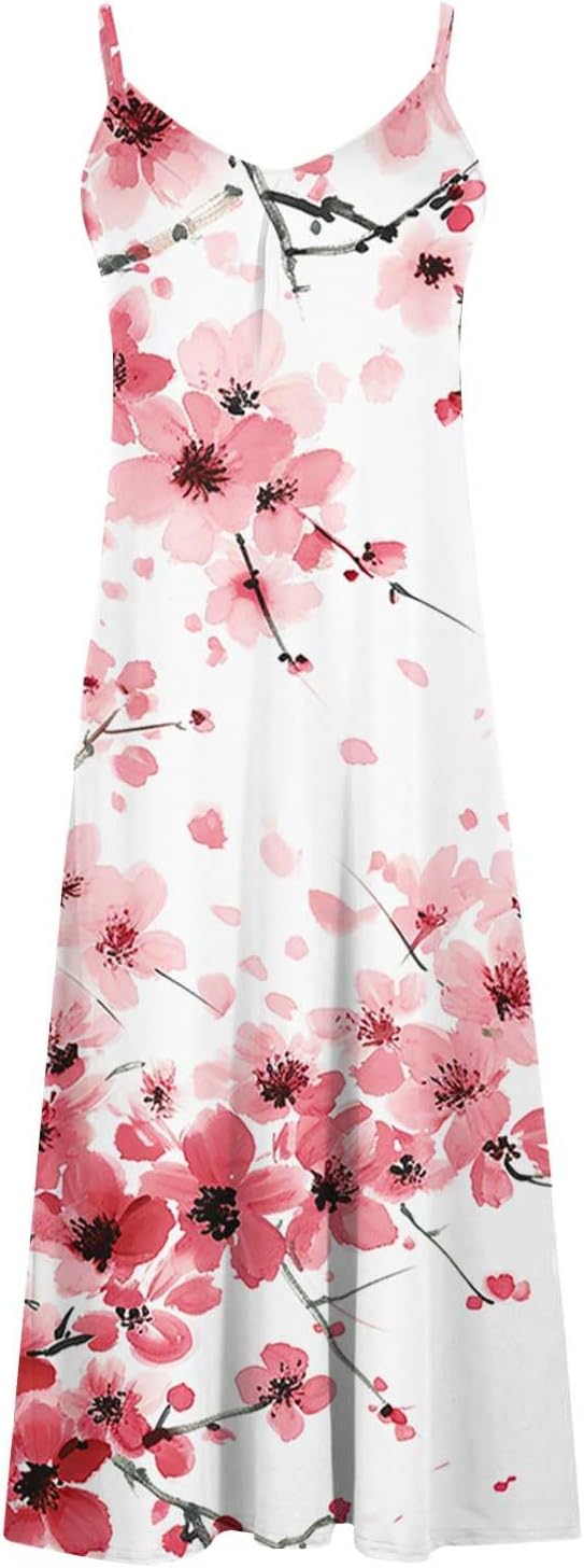 Womens Floral Maxi Dresses Spaghetti Strap Casual Summer Long Dress Vneck Flowy Boho Beach Sundress Vacation Outfits
