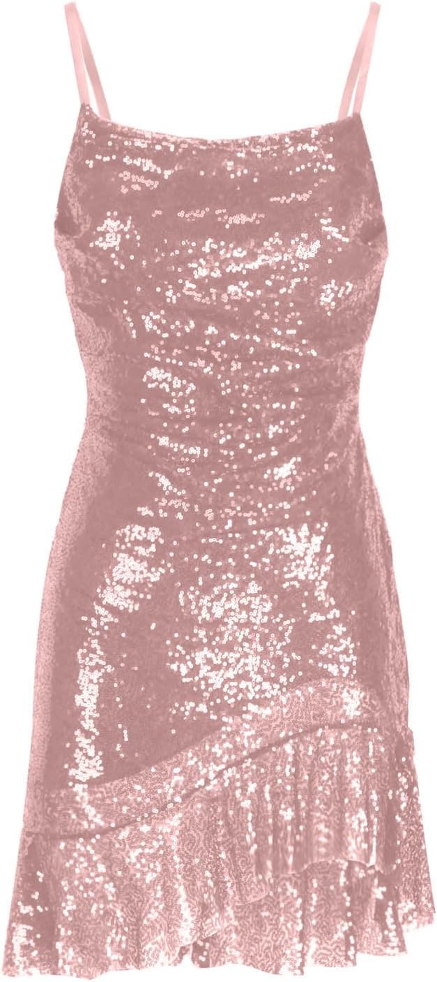 Binmer Women Sparkly Sequin Mini Dress Sexy Glitter Spaghetti Strap Backless Ruffle Hem Cami Short Mini Club Party Dresses
