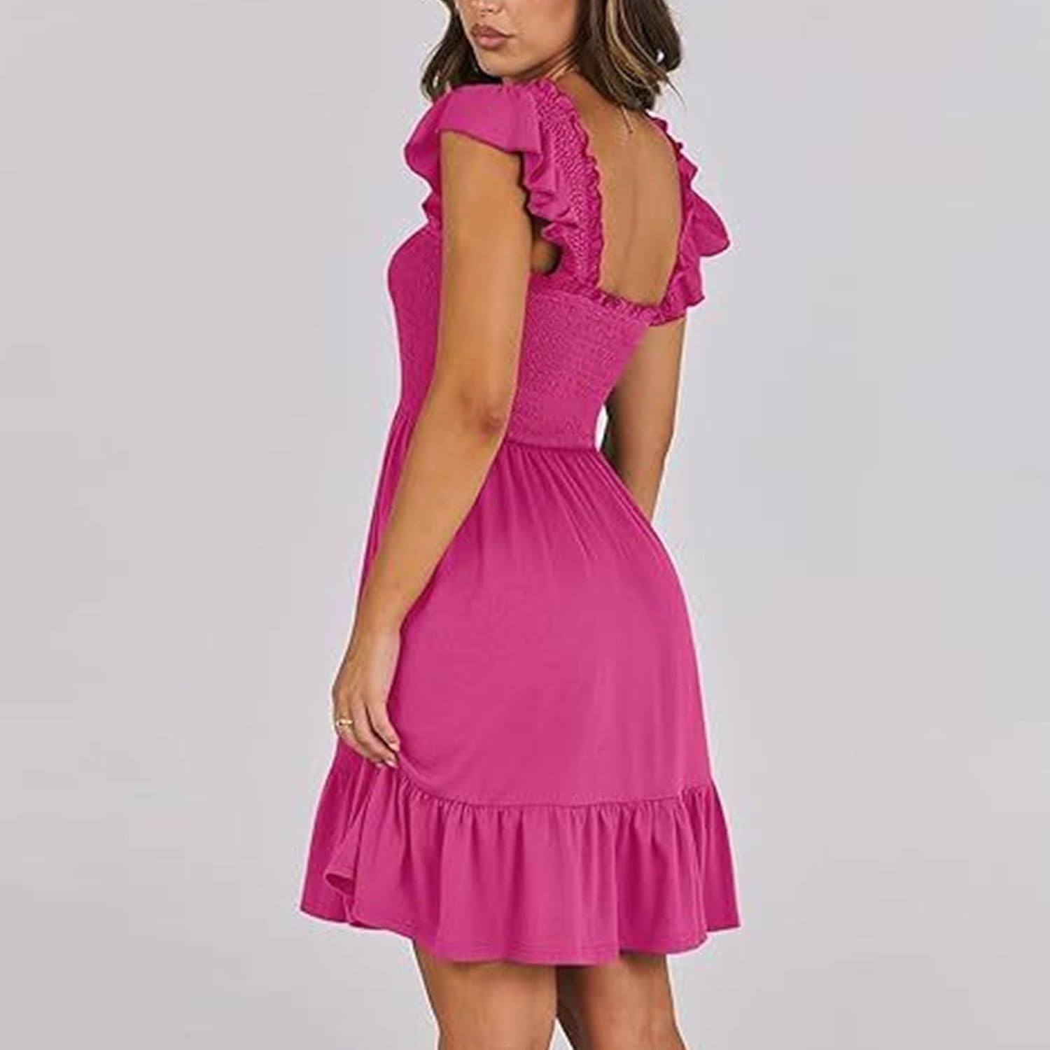 Women Summer Casual Sleeveless Square Neck Smocked Ruffle Backless Boho Mini Dress Flowy Beach Cute Swing Dress