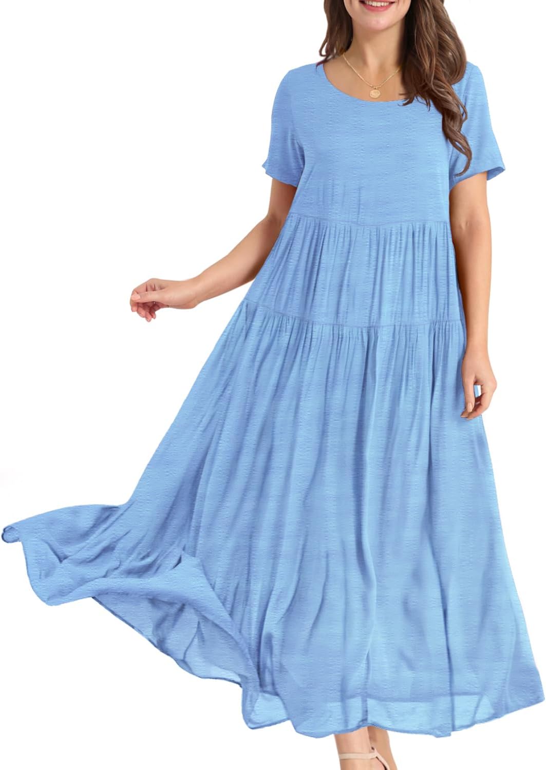 YESNO Women Casual Loose Bohemian Floral Dress with Pockets Short Sleeve Long Maxi Summer Beach Swing Dress EJF