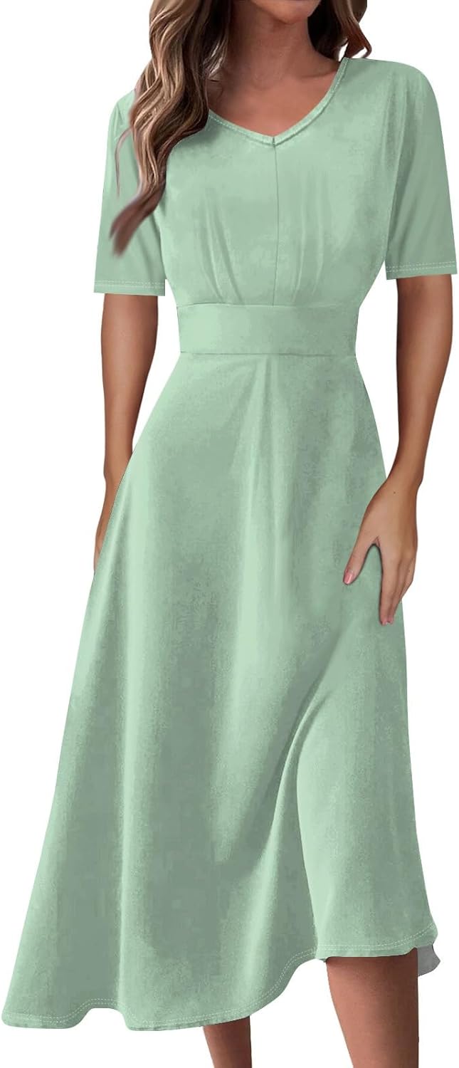 Women's Summer Elegant Cocktail Dress Solid Color Swing V-Neck Party Gown Dresses, S-2XL