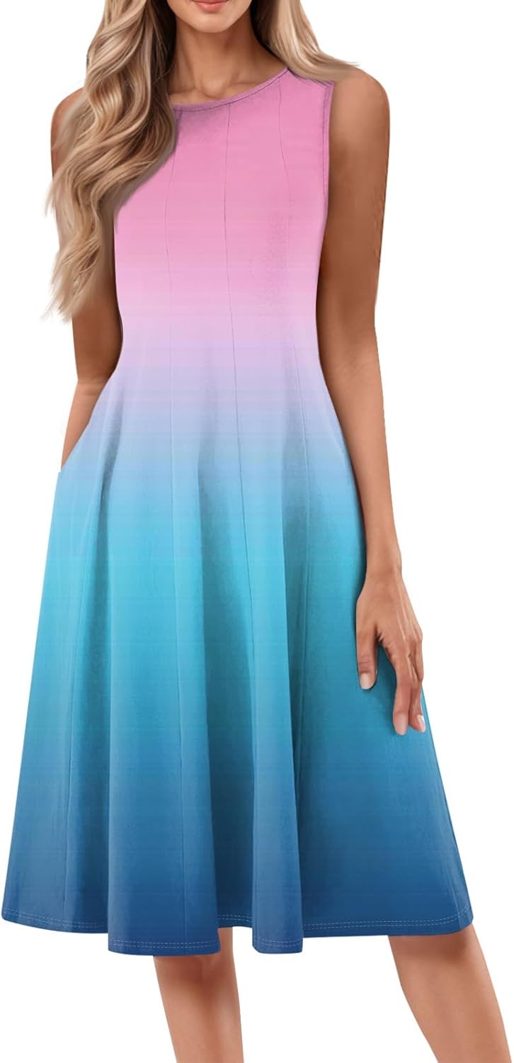 Womens Tank Sundress 2025 Casual Floral Print Tshirt Dress Swing Sleeveless Midi Dress Crewneck Pleated Summer Dresses