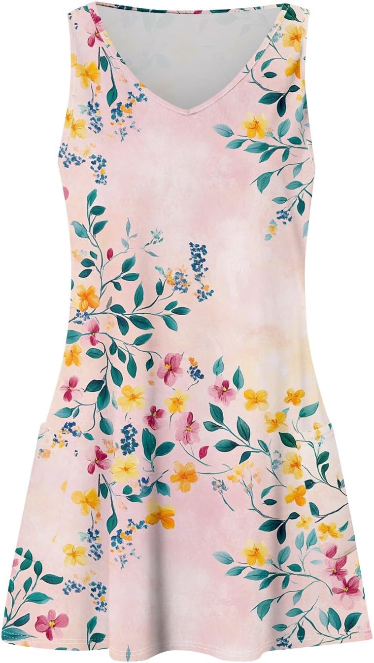 Women's Sleeveless Floral Print Summer Dress Casual V-Neck A-Line Mini Dress for Beach Party and Daily Wear