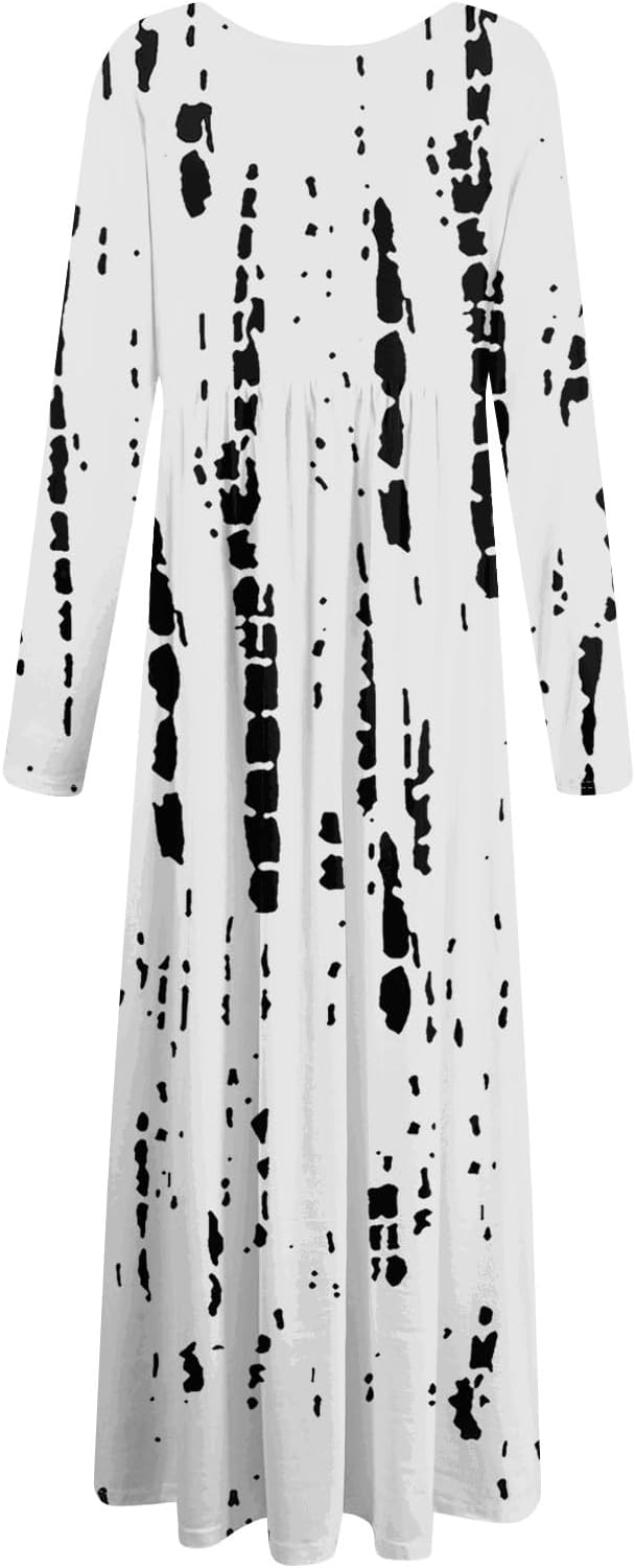 Long Sleeve Maxi Dress for Women Elegant Crew Neck Flowy Swing Dresses Solid Color Wedding Guest Dresses