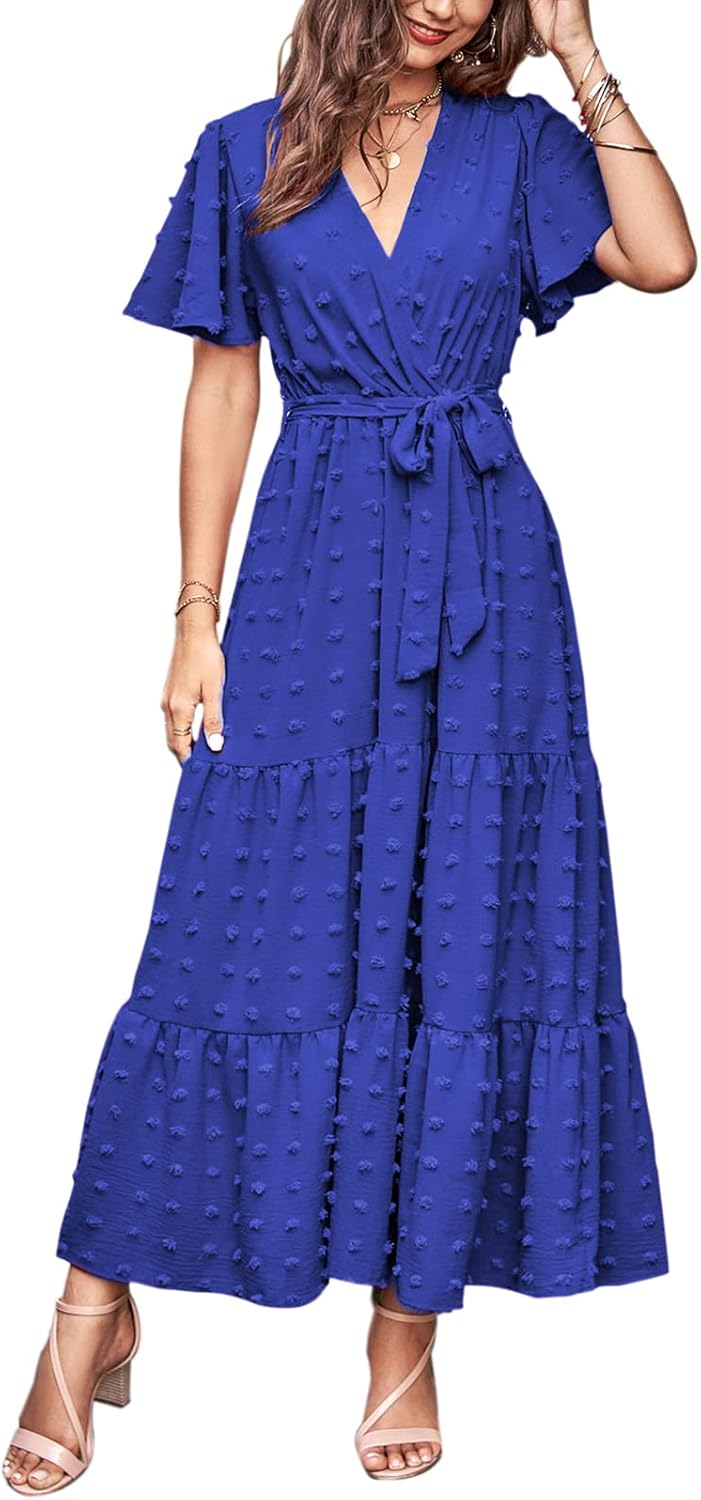 MASCOMODA Womens Boho Swiss Dot Maxi Dresses Wrap V Neck Flutter Short Sleeve Solid Tie Belt A Line Tiered Flowy Long Dress