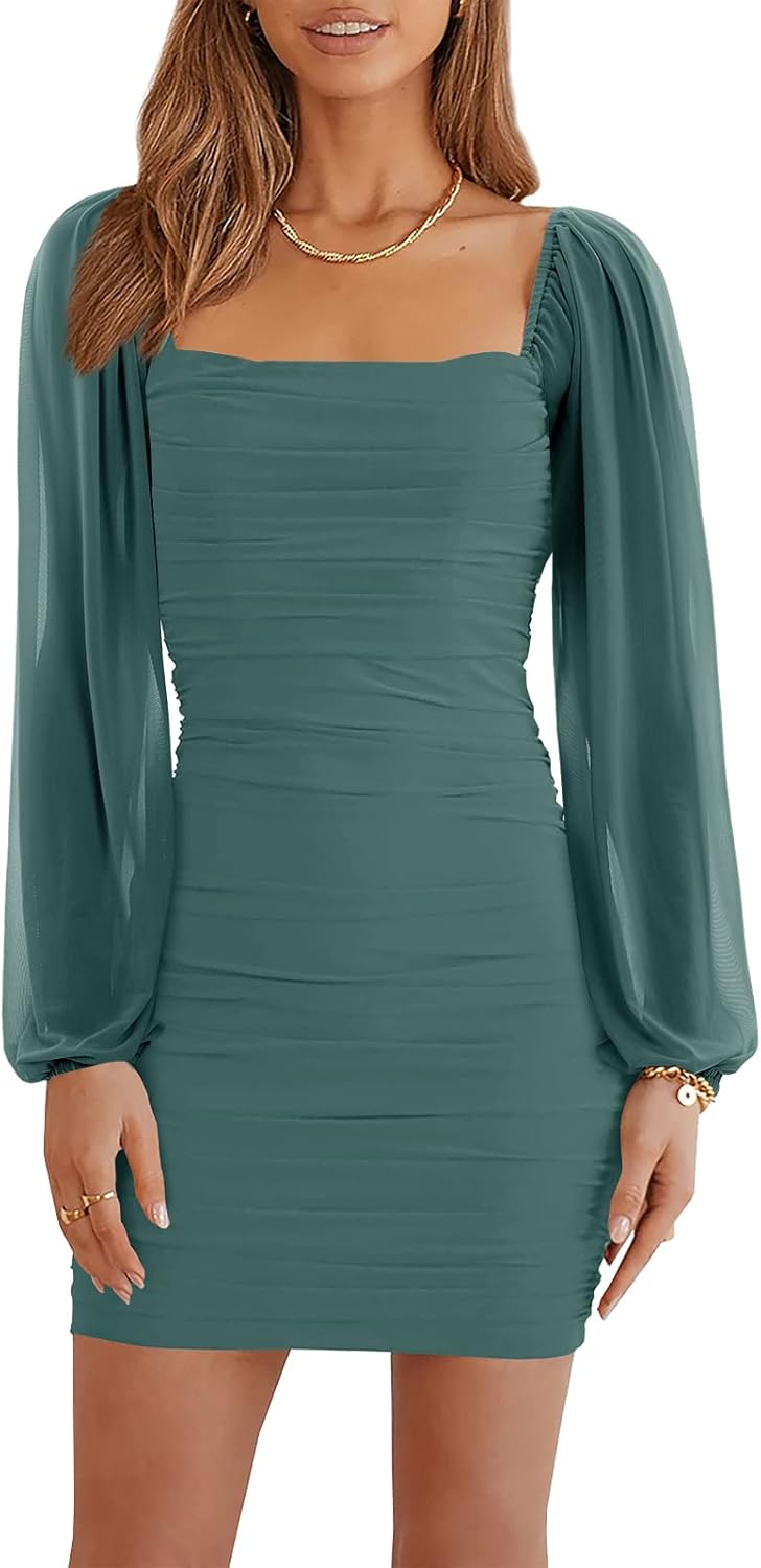 Wenrine Women's Mesh Long Sleeve Square Neck Ruched Party Club Cocktail Bodycon Mini Dress