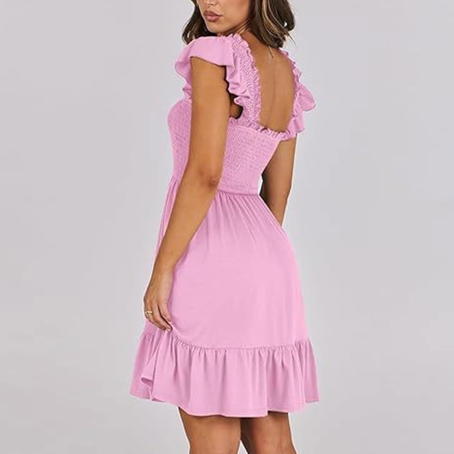 Women Summer Casual Sleeveless Square Neck Smocked Ruffle Backless Boho Mini Dress Flowy Beach Cute Swing Dress