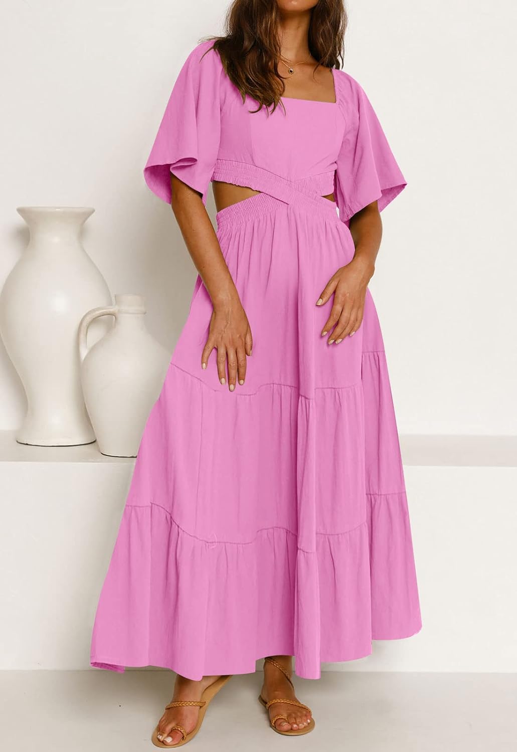 LEANI Women's 2025 Summer Cutout Maxi Dress Square Neck Short Sleeve Crossover Waist Casual Party Dresses