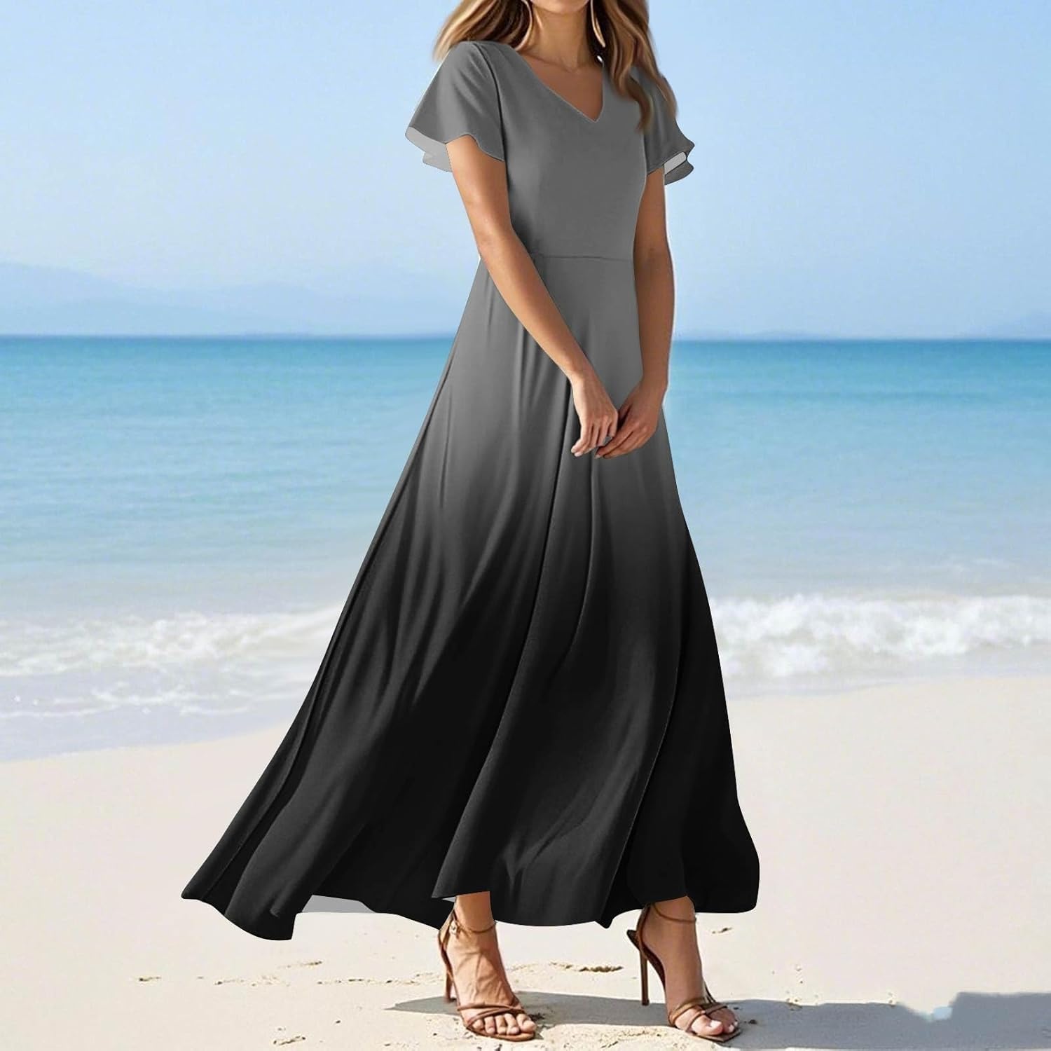 Womens Fashion V Neck Ruffle Short Sleeve Maxi Dress 2025 Summer Elegant Solid Color Flowy A Line Dresses