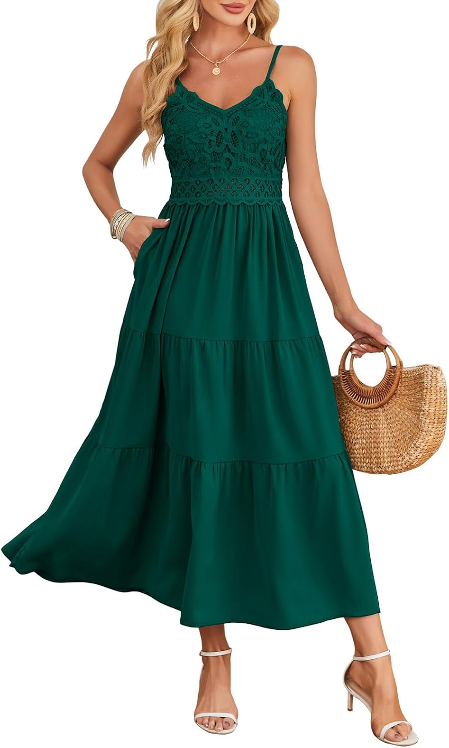 Dokuritu Women's Beach Crochet Lace Maxi Dress Solid Color Summer Vacation Spaghetti Strap Long Dress 2024