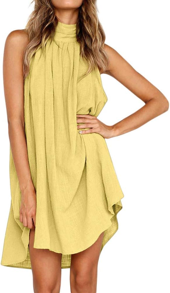 Sun Dresses for Women 2025 Vacation Halter Neck Solid Summer Casual Sundress Elegant Pleated High Low Mini Dresses