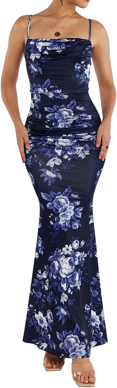EYNMIN Women's Sleeveless Bodycon Corset Maxi Dress Spaghetti Strap Ruched Elegant Evening Wedding Guest Long Formal Dresses