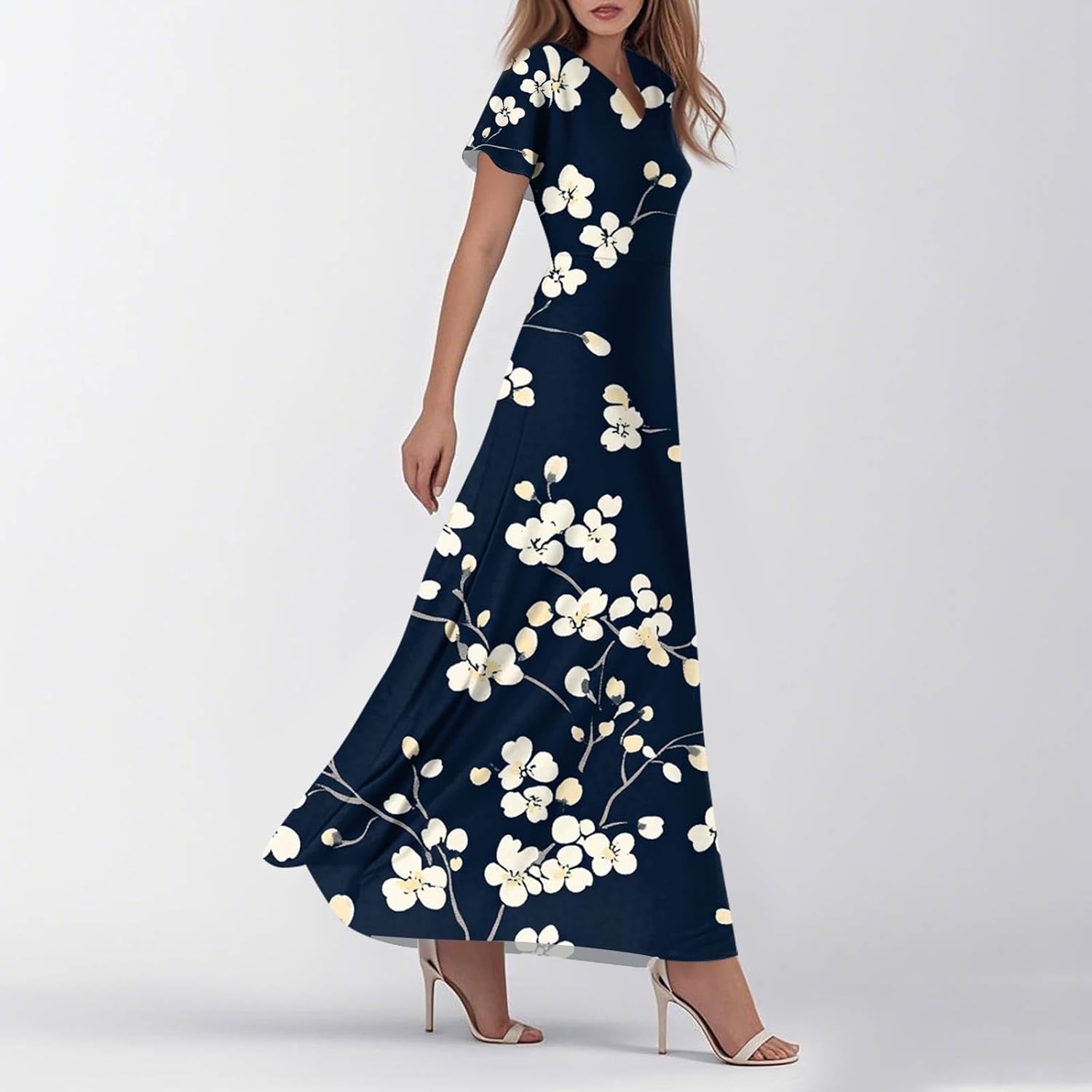 Womens Fashion V Neck Ruffle Short Sleeve Maxi Dress 2025 Summer Elegant Solid Color Flowy A Line Dresses