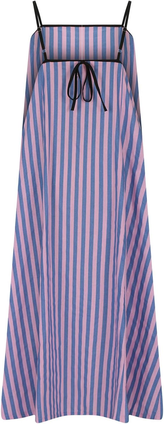 Women's Colorblock Stripe Sleeveless Dress Spaghetti Strap Loose Fit Sling Dresses Summer Mid Calf Length Dress