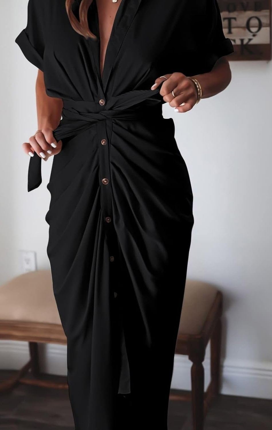 Women's Swing Classic Cute Maxi Ruched Breathable Shirt Dresses Bownot Slim Fitted Dress