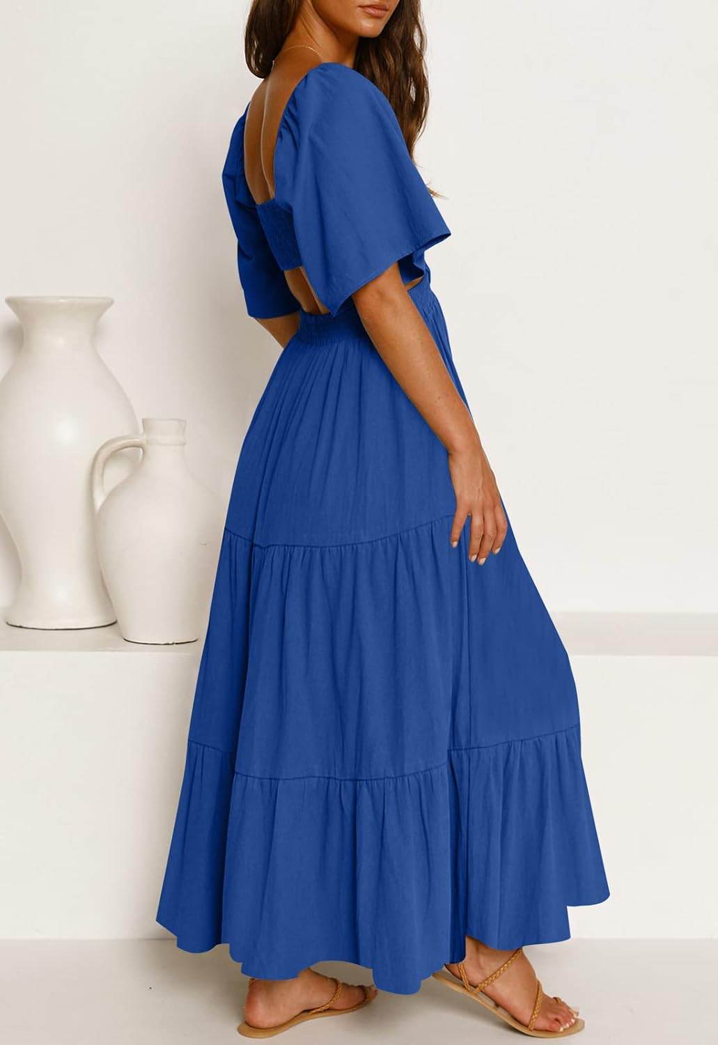 LEANI Women's 2025 Summer Cutout Maxi Dress Square Neck Short Sleeve Crossover Waist Casual Party Dresses