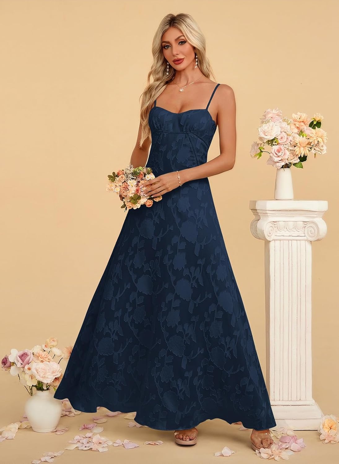 Women's Elegant Wedding Guest Dress Spaghetti Straps Floral Sleeveless Formal Dress Maxi Gown
