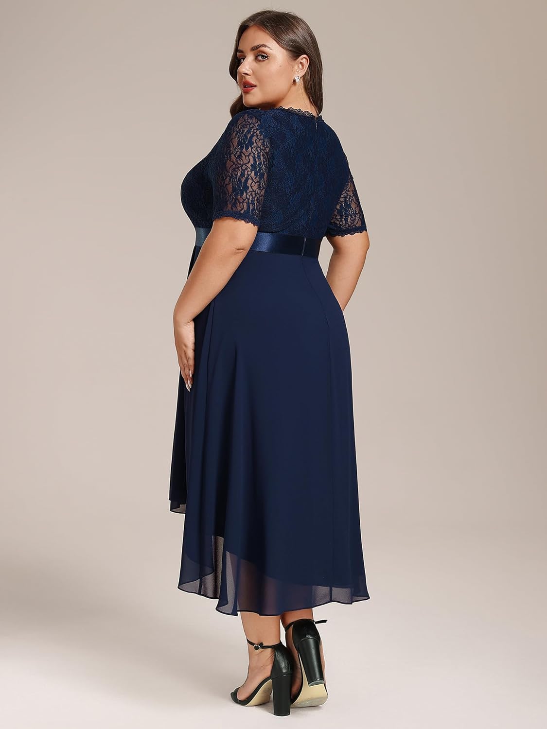 Ever-Pretty Women's V Neck Pleated A Line Lace Chiffon Half Sleeves Midi Plus Size Cocktail Wedding Guest Dresses