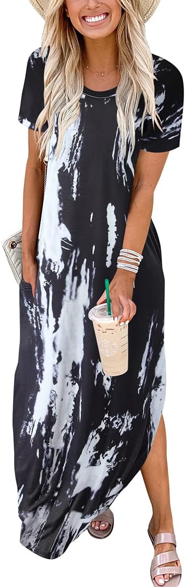 ANRABESS Women's Summer Casual Loose Short Sleeve Long T Shirt Dress Split Maxi Beach Sundress Travel Vacation Outfits