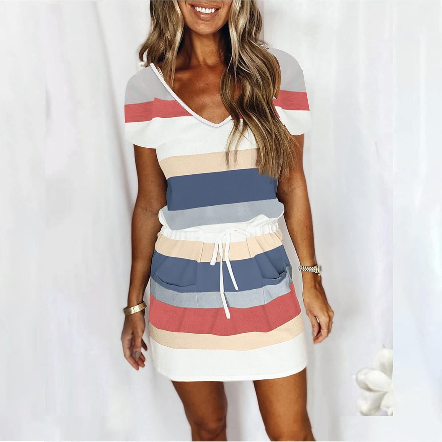 Women Summer Casual Striped Dress Drawstring Waist Tie Knot Mini Dresses Short Sleeve V Neck Tank Dress with Pocket