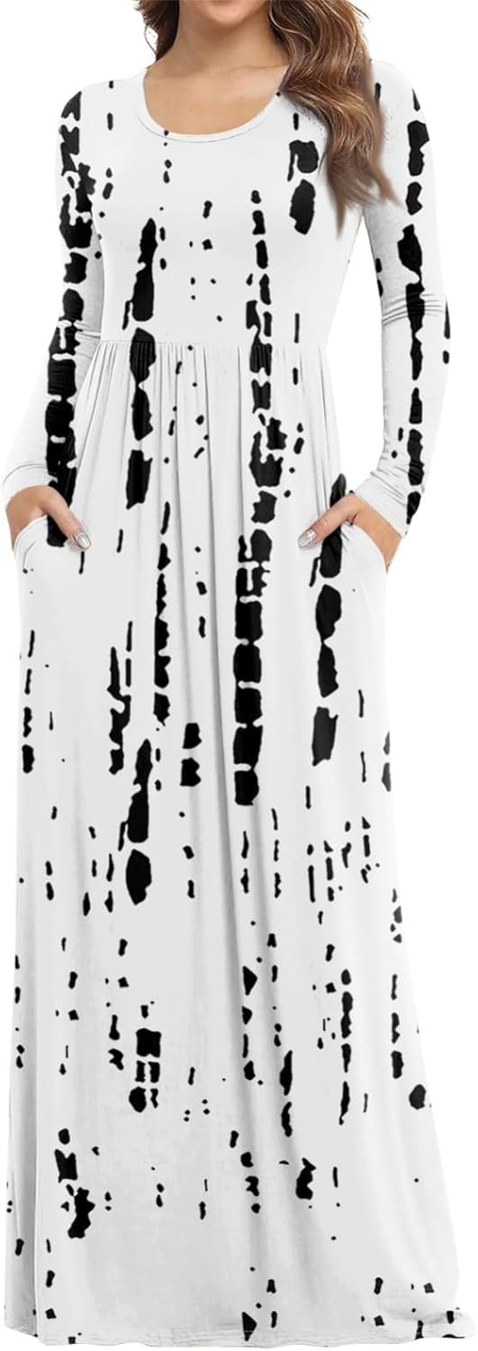 Long Sleeve Maxi Dress for Women Elegant Crew Neck Flowy Swing Dresses Solid Color Wedding Guest Dresses