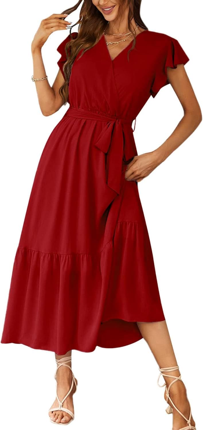 PRETTYGARDEN Women's Summer Floral Boho Dress Wrap V Neck Short Sleeve Ruffle A-Line Flowy Maxi Wedding Guest Dresses