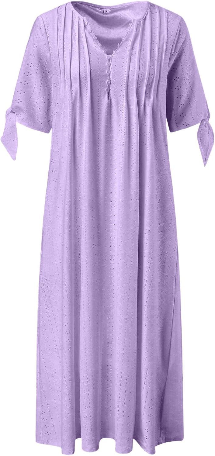 ZYXTIM Womens Eyelet Dress V Neck Short Sleeve Hollow Out Summer Beach Vacation Dresses Swing A Line Vintage Long Dresses