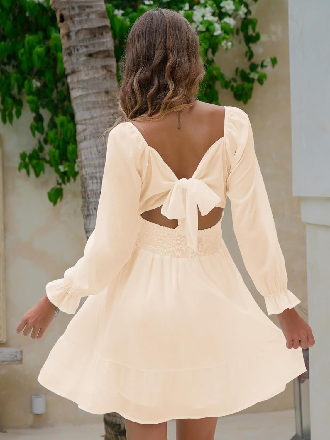 EXLURA Women's 2025 Casual Long Lantern Sleeve Dresses Square Neck Ruffle Tie Back Elastic Waist Aline Short Mini Dress