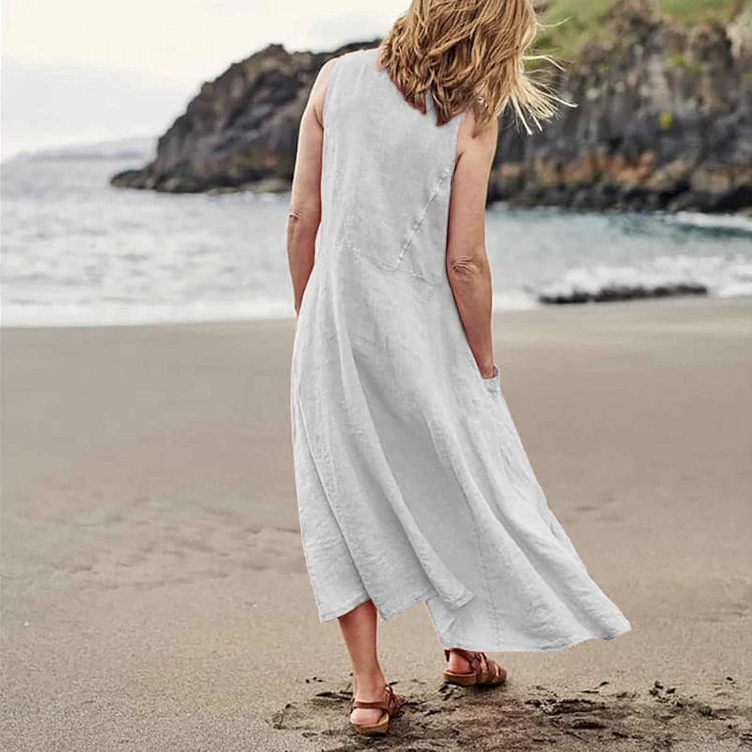 Women's Casual Sleeveless Dresses, Cotton Linen Pocket Dresses Summer Dresses for Women 2024 Sundresses Beach Dress