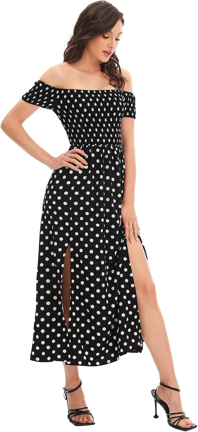 Floerns Women's Boho Floral Print Off Shoulder Split Long A Line Dress
