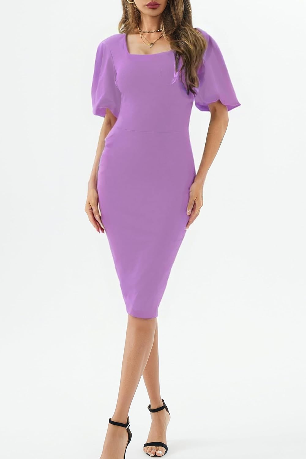 Womens Summer Dresses Square Neck Lantern Sleeve Bodycon Pencil Midi Dress