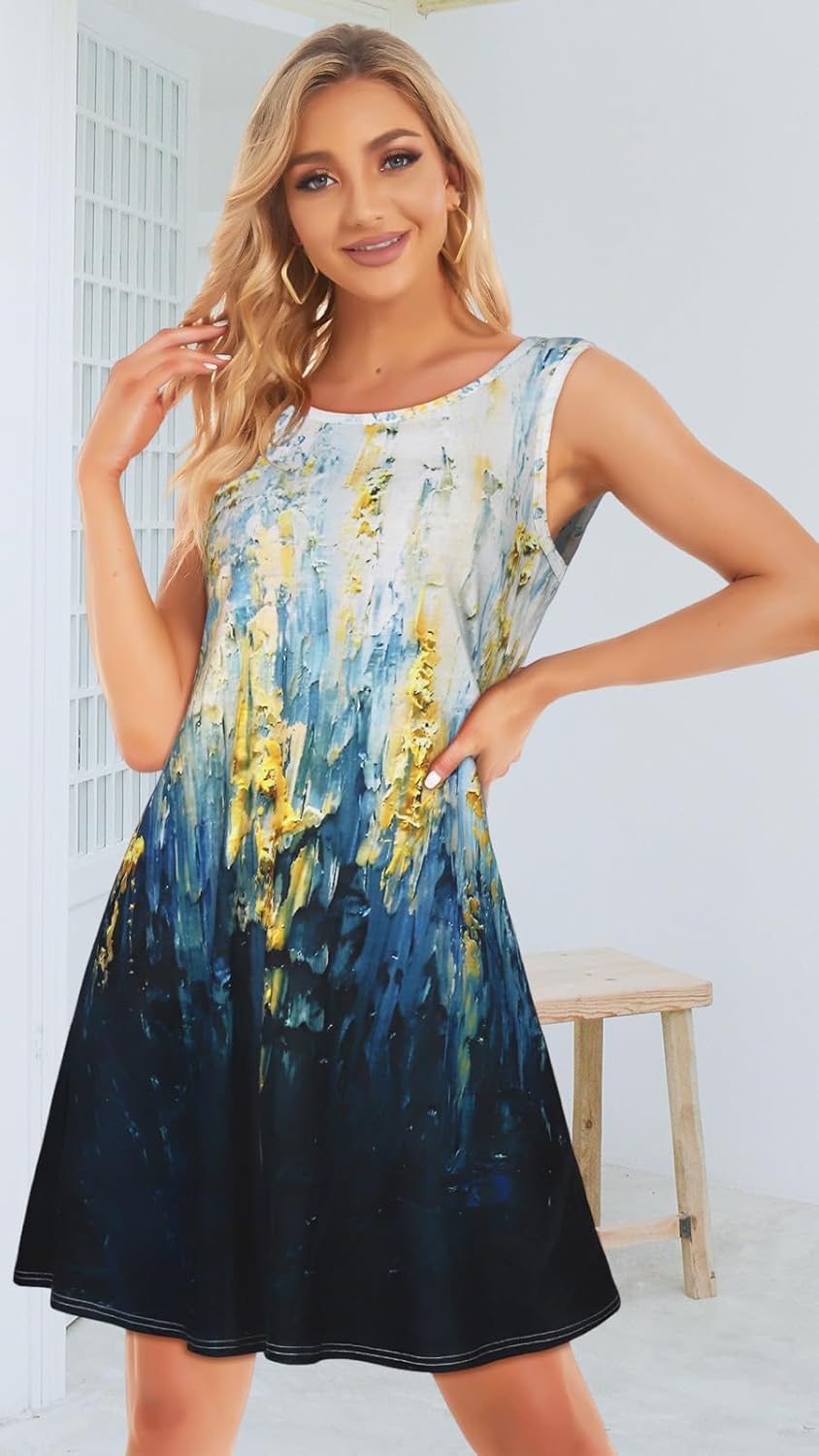 Summer Dresses for Women Beach Boho Sleeveless Vintage Floral Flowy Pocket Tshirt Tank Sundresses