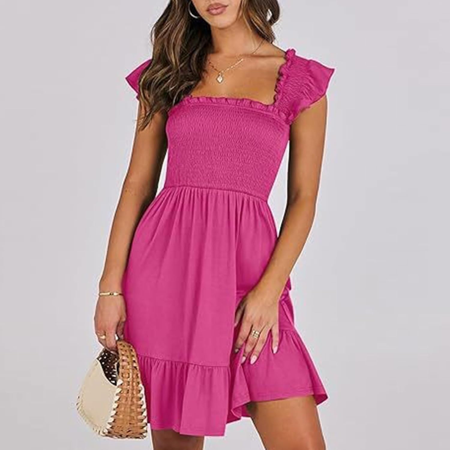 Women Summer Casual Sleeveless Square Neck Smocked Ruffle Backless Boho Mini Dress Flowy Beach Cute Swing Dress