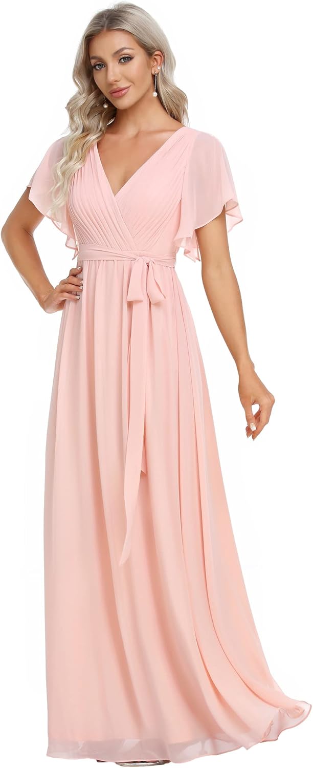 Ever-Pretty Women's Bridesmaid Dress V-Neck Ruffle Sleeves Ruched Bust Floor Length Chiffon Formal Dresses 0164A