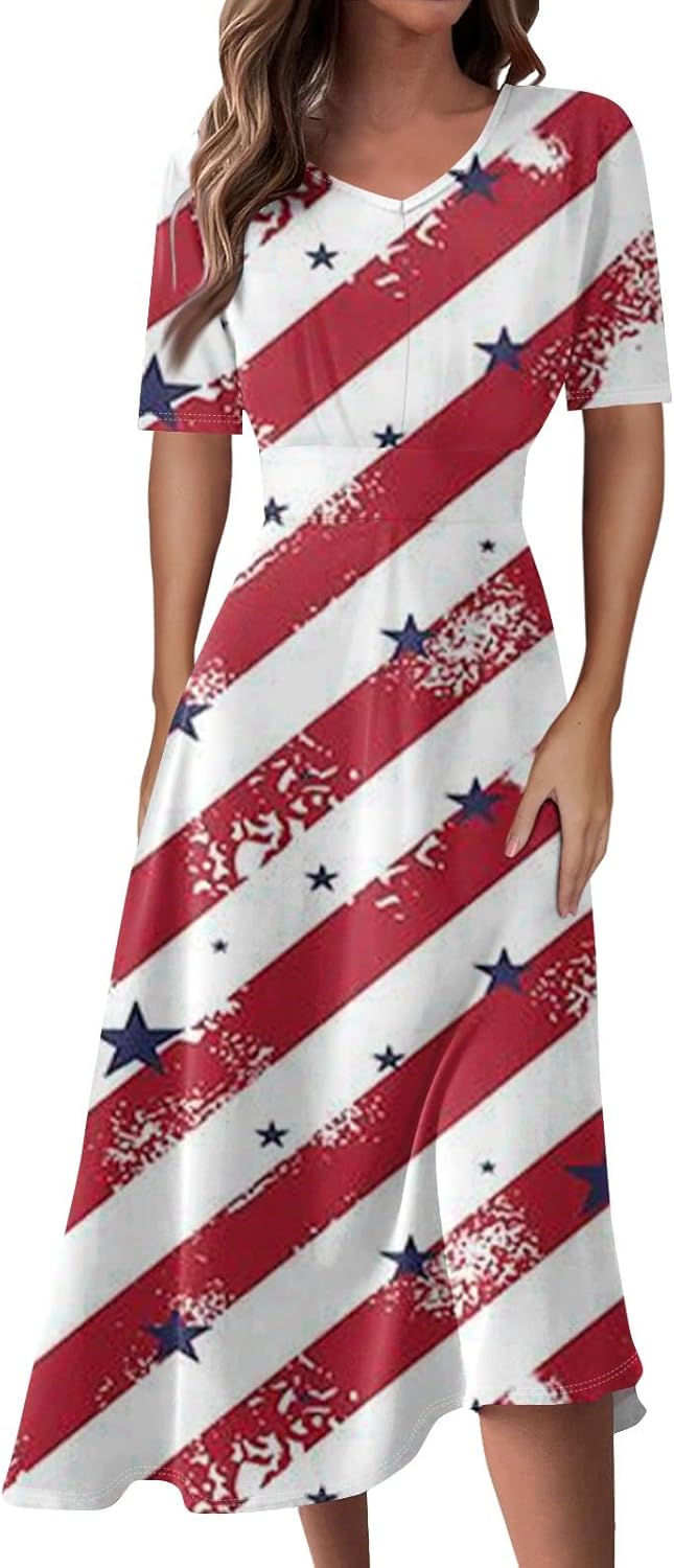 Women's Patriotic Star Print Midi Short Sleeve V-Neck Casual A-Line Dress for Summer Parties & Events