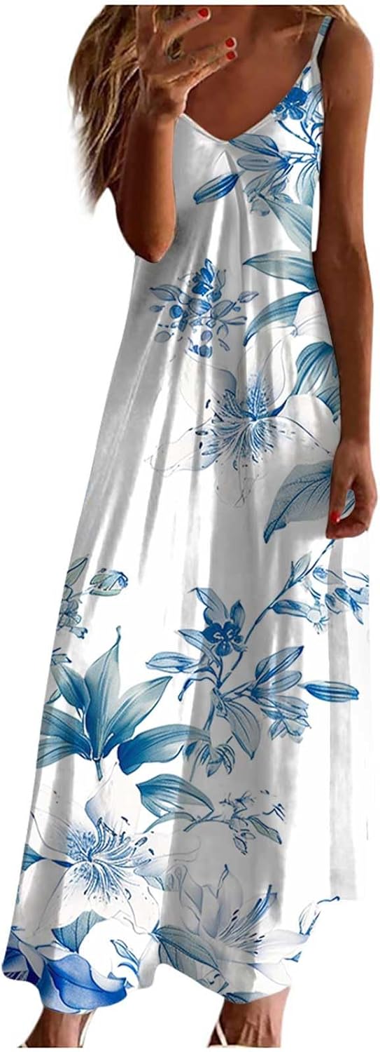 Womens Floral Maxi Dresses Spaghetti Strap Casual Summer Long Dress Vneck Flowy Boho Beach Sundress Vacation Outfits