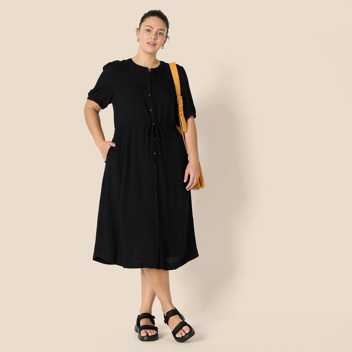 Amazon Essentials Women's Relaxed Fit Half-Sleeve Waisted Midi A-Line Dress