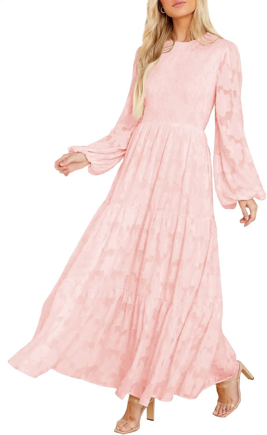 MITILLY Women's Elegant Floral Long Sleeve Round Neck Smocked A-Line Flowy Tiered Maxi Dress with Pockets