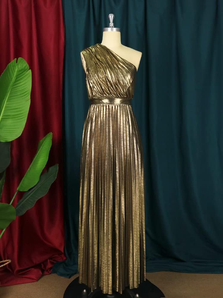 AOMEI Women's Luxury Metallic One Shoulder Sleeveless Elegant Pleated Long Dress