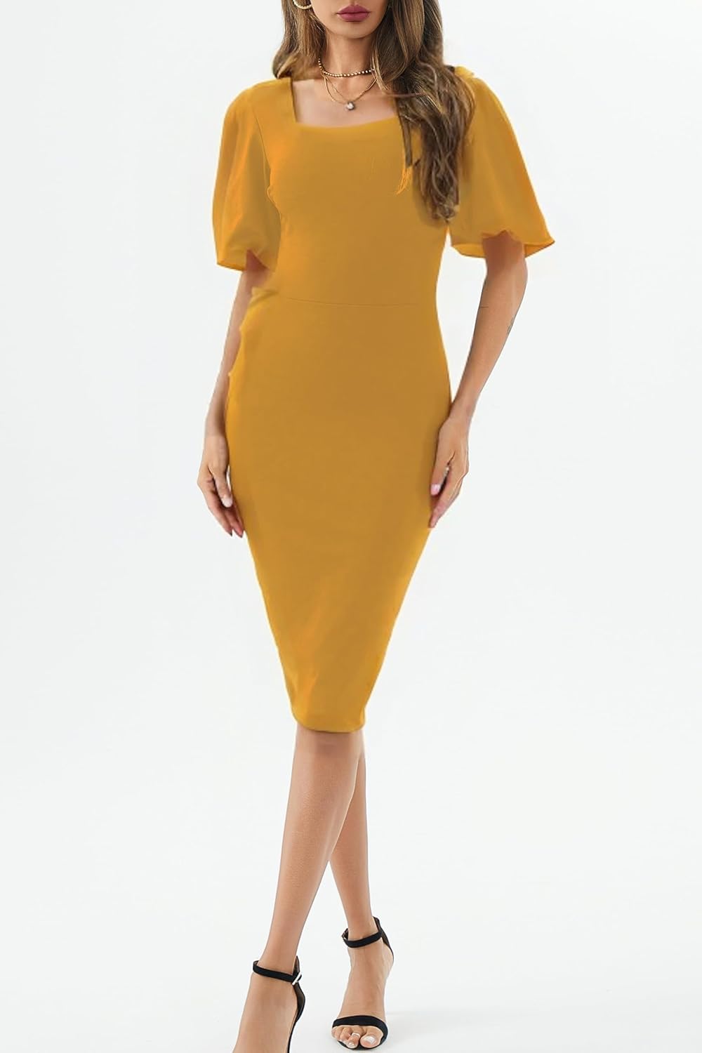 Womens Summer Dresses Square Neck Lantern Sleeve Bodycon Pencil Midi Dress