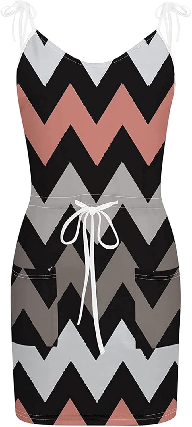 Women Summer Casual Striped Dress Drawstring Waist Tie Knot Mini Dresses Short Sleeve V Neck Tank Dress with Pocket