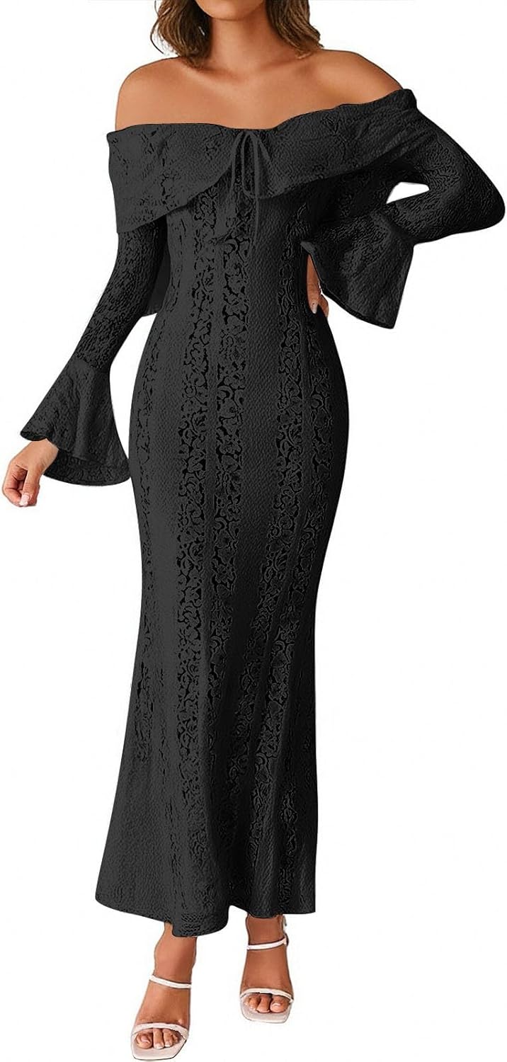 Autumn Elegant Off Shoulder Lace Maxi Dress White Women Long Sleeve Evening Party Dresses for Date Nights