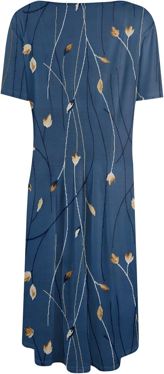 Summer Dresses for Women 2025 Crew Neck Short Sleeve Boho Beach Vacation Floral/Solid Midi Sundresses with Pockets