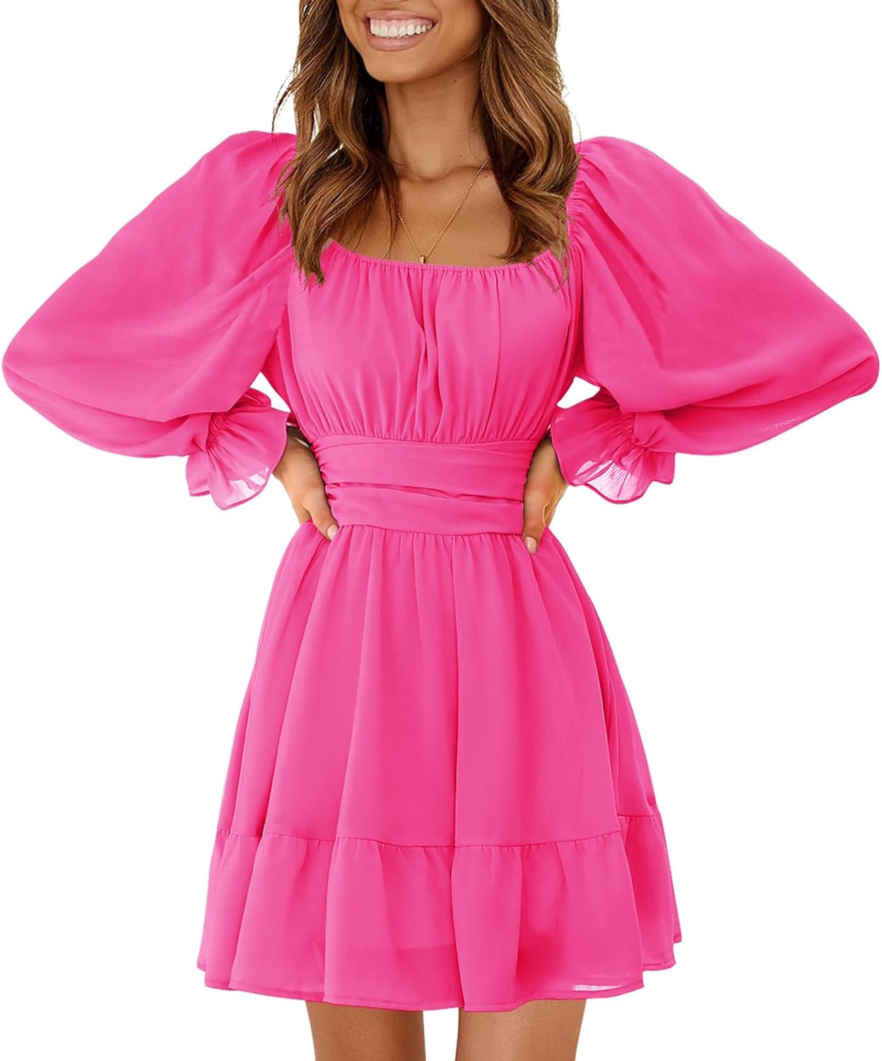 EXLURA Women's 2025 Casual Long Lantern Sleeve Dresses Square Neck Ruffle Tie Back Elastic Waist Aline Short Mini Dress