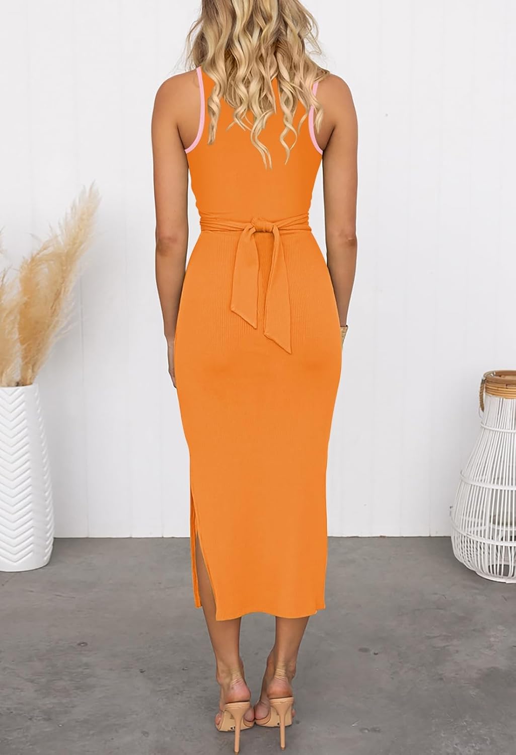 HUUSA Women's Sexy Sleeveless Cut Out Slim Bodycon Dress Crewneck Crisscross Twist Ruched Slit Ribbed Knit Tank Midi Dress