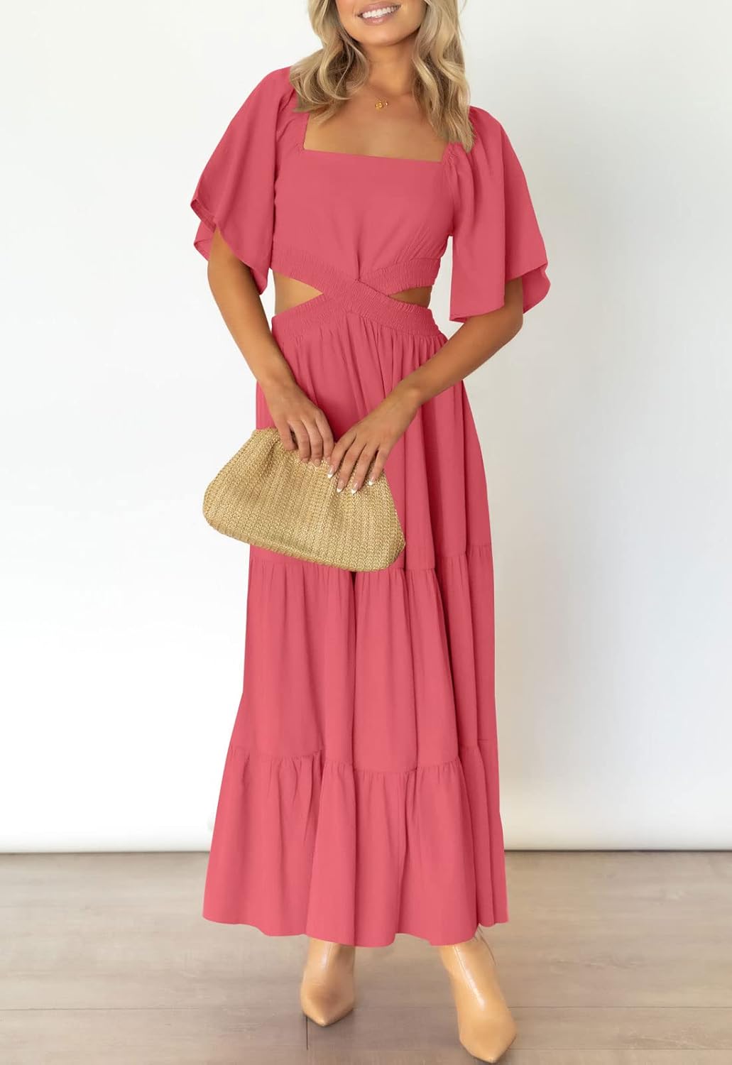 LEANI Women's 2025 Summer Cutout Maxi Dress Square Neck Short Sleeve Crossover Waist Casual Party Dresses