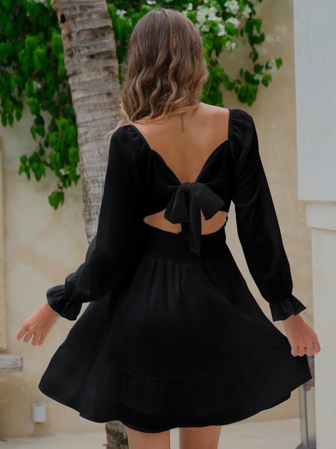 EXLURA Women's 2025 Casual Long Lantern Sleeve Dresses Square Neck Ruffle Tie Back Elastic Waist Aline Short Mini Dress
