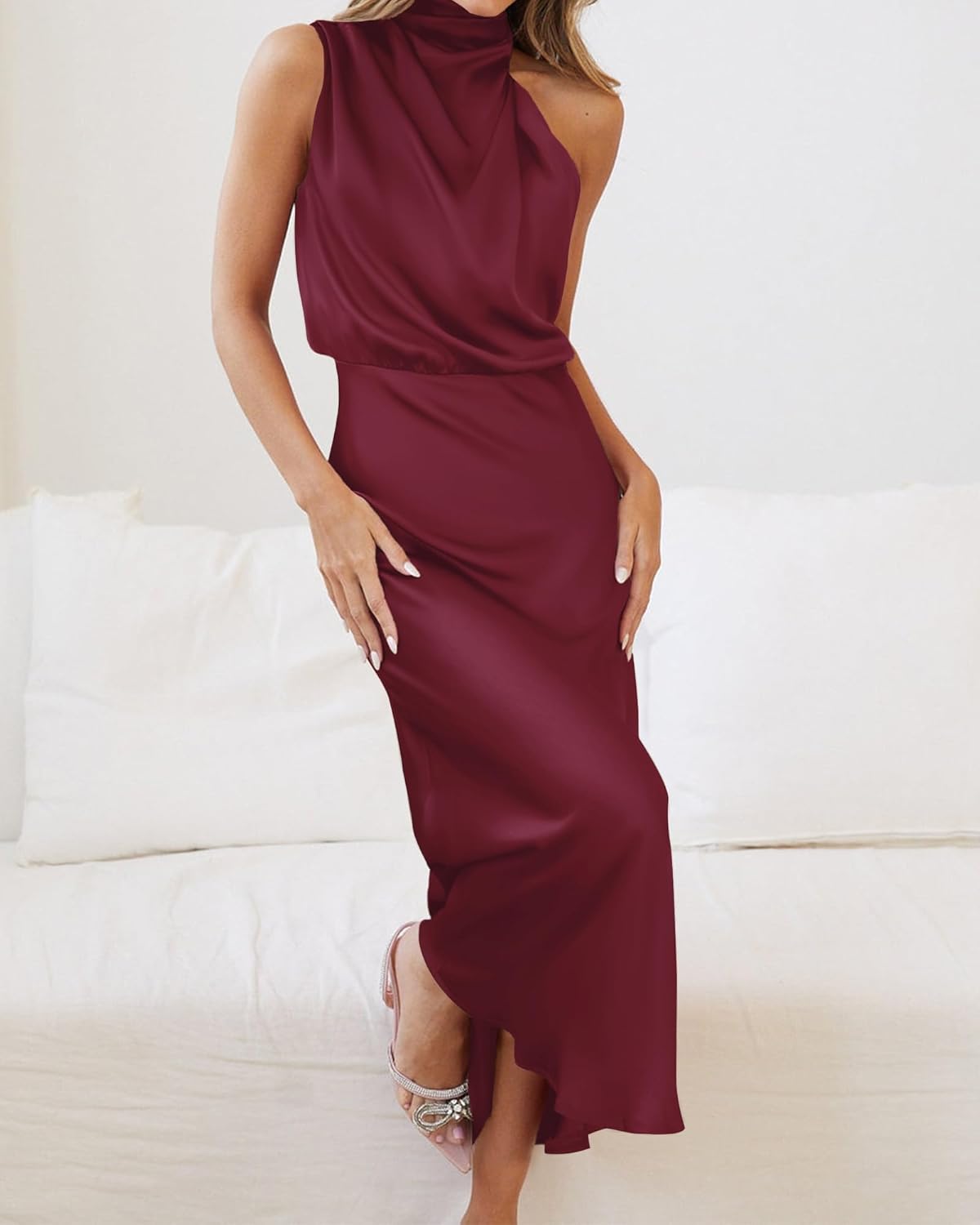 BTFBM Womens Sleeveless Cocktail Dresses Mock Neck Keyhole Elastic High Waist Evening Party Maxi Wedding Guest Dress