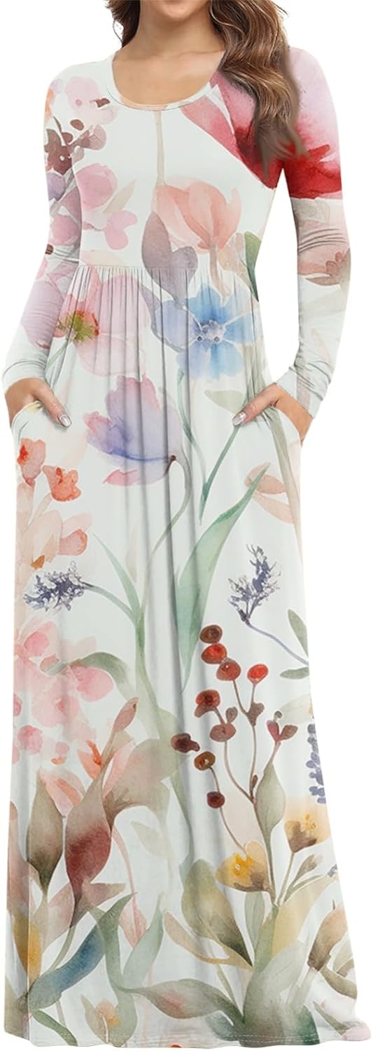 Long Sleeve Maxi Dress for Women Elegant Crew Neck Flowy Swing Dresses Solid Color Wedding Guest Dresses